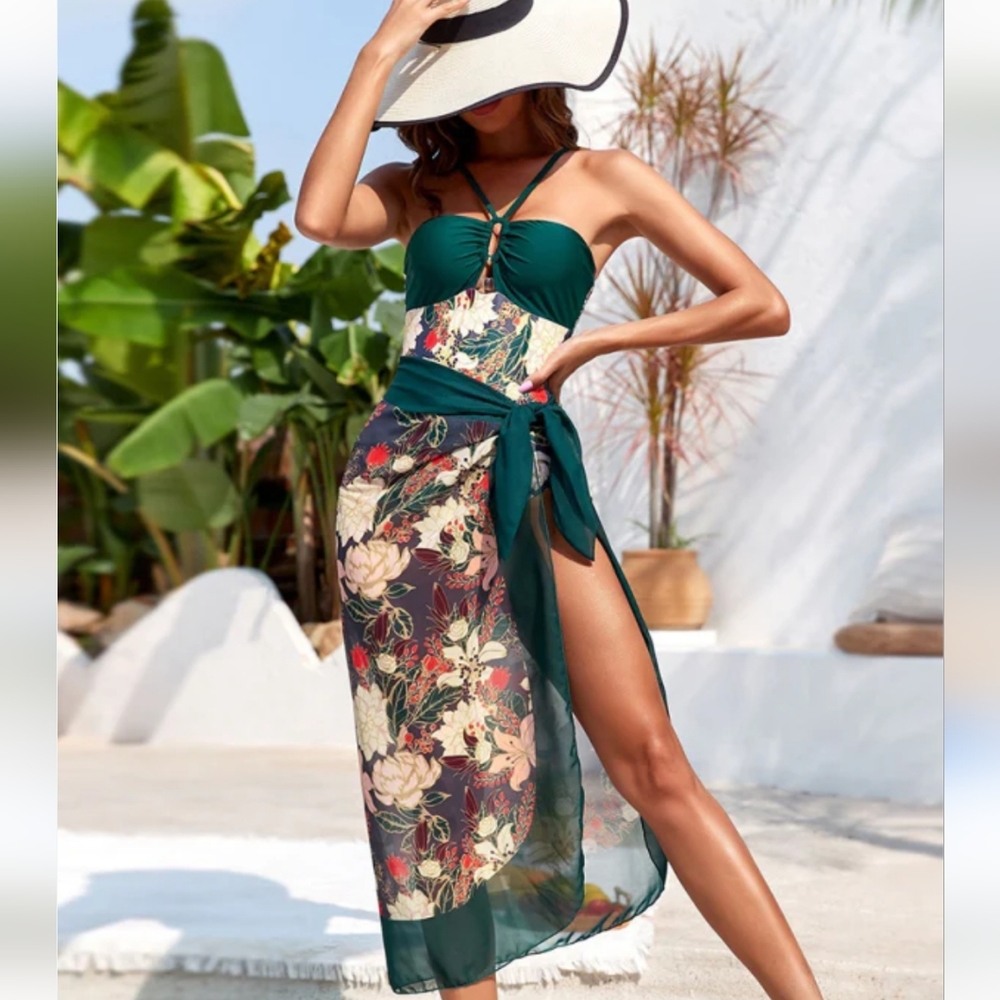 Floral Print Green Swimsuit with Sarong